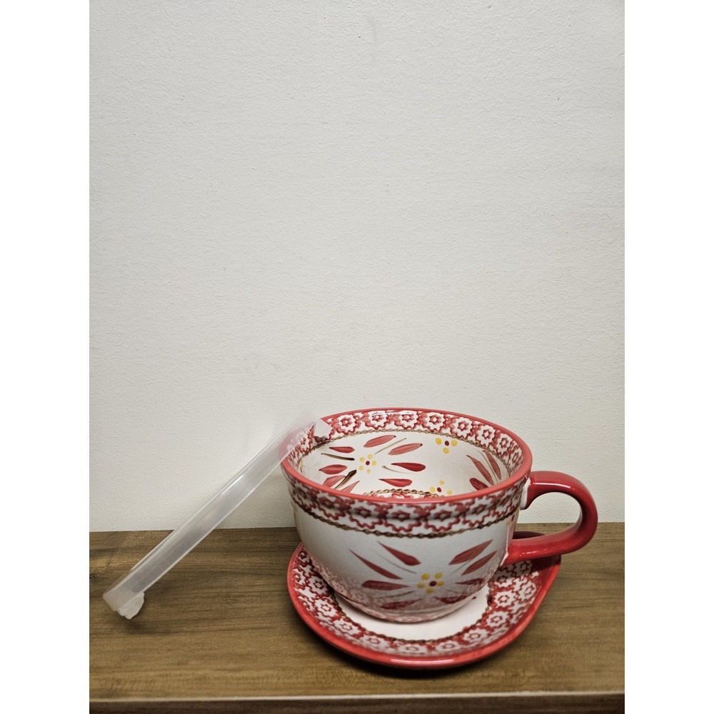 Temp-tations Tara Old World Red Cranberry 24oz Soup Bowl Plate Lid Set Floral